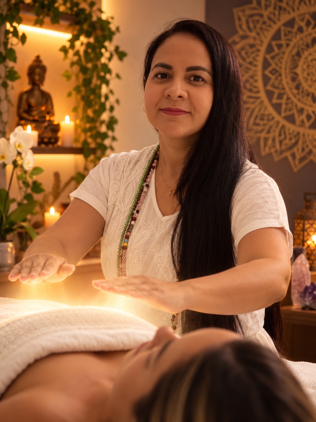 Bruna Machado aplicando Reiki em atendimento presencial